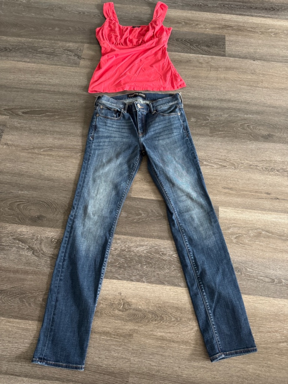Express Women's Straight Leg Jeans in Medium Blue Wash and Ann Taylor coral top.